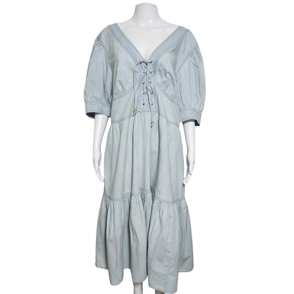 Lauren Ralph Lauren Black Label Chambray Puff-Sleeve Dress Plus Size 18W Pockets - Picture 4 of 15